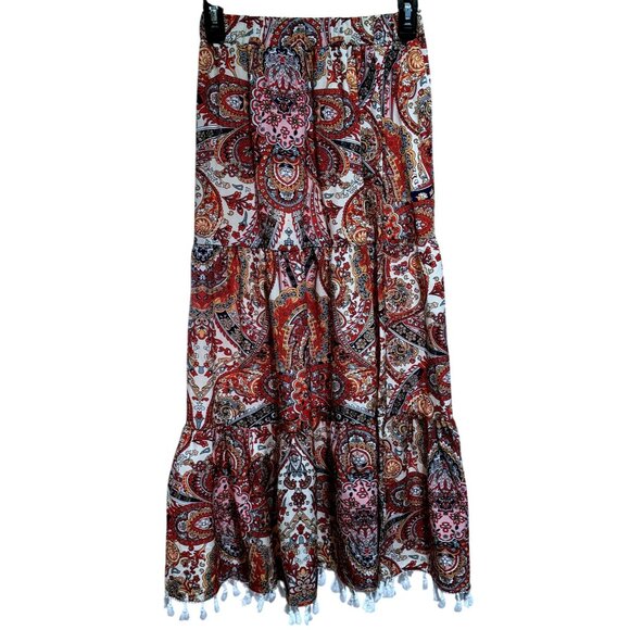 Shein Breezaya Paisley Print Pull-On Fringe Hem Tiered BoHo Maxi Skirt Sz XS - Picture 1 of 5